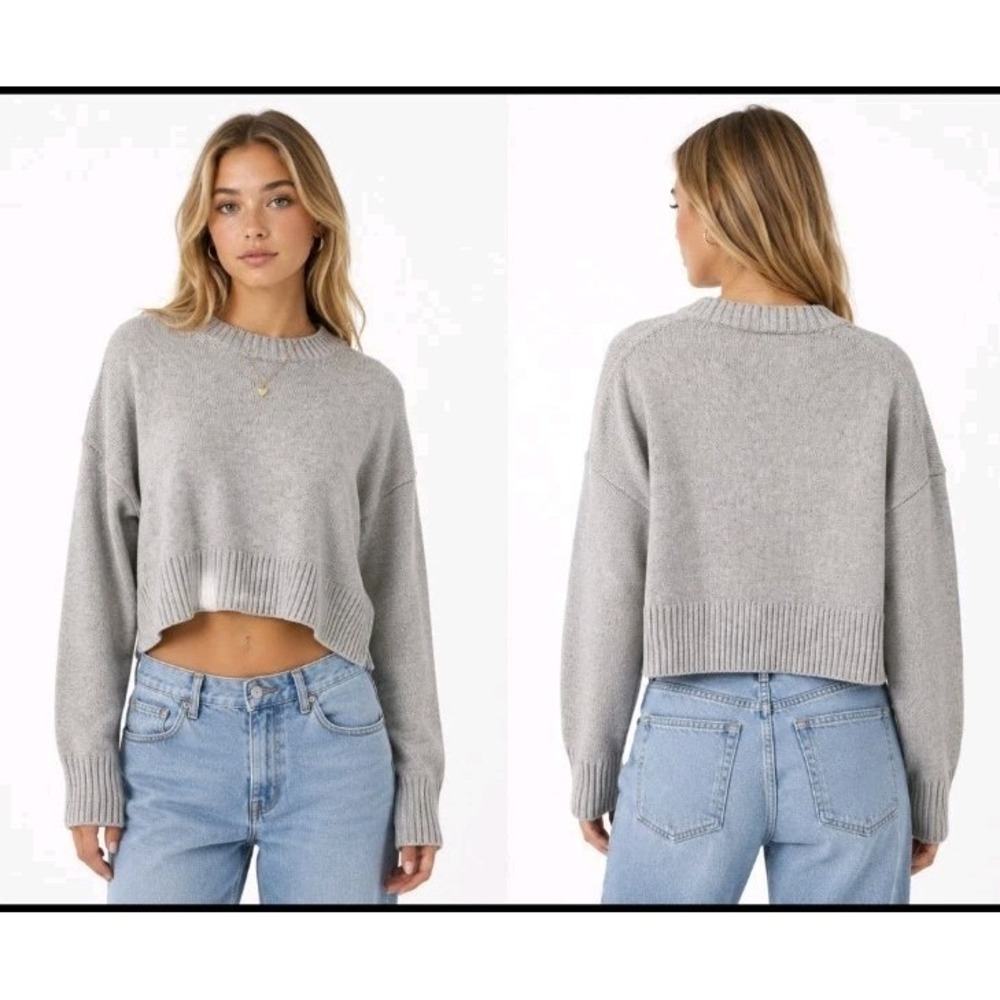 Everlane Womens Boxy Oversized Crop Cotton Sweater Heather Gray Size XS Y2K